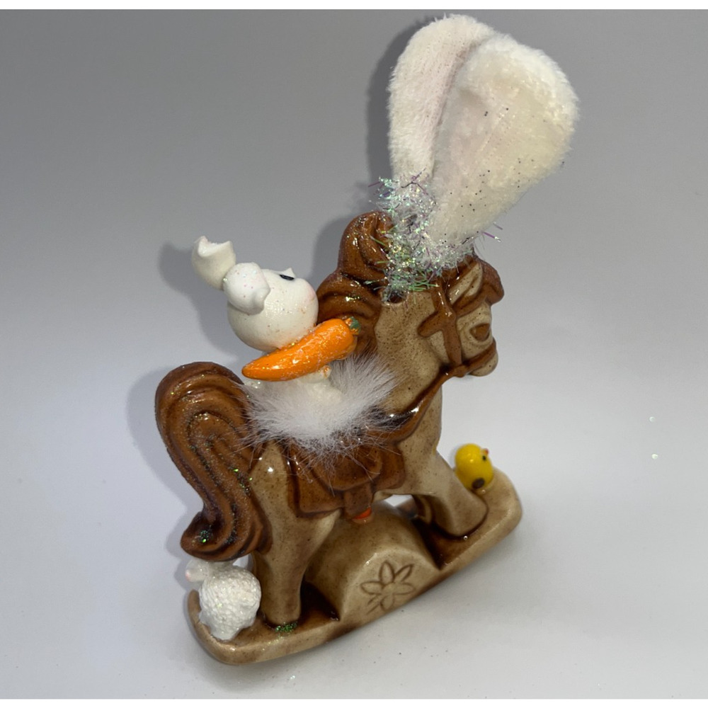 Vintage Ceramic Mini Rocking Horse Easter Bunny Chick Rider Faux Fur saddle OOAK - Picture 8 of 16
